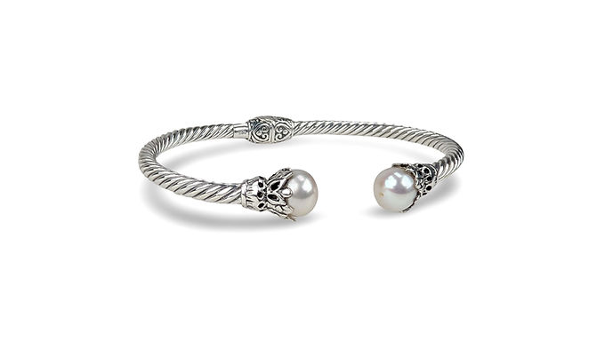 Silver Pearl Cuff, Pearl Cuff Bracelet, Pearl End Bracelet, Twisted Rope Cuff