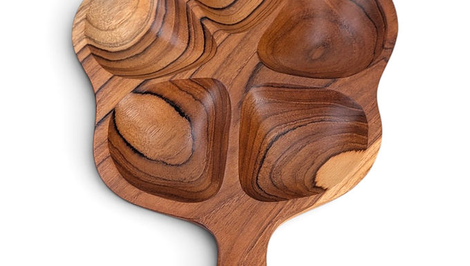Carved Teak Salsa Bowl | Five-Well Teak Salsa Bowl | Handled Teak Salsa Bowl