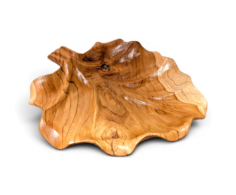 Thumbnail: Hand carved teakwood decorative plate with short handle and organic leaf design