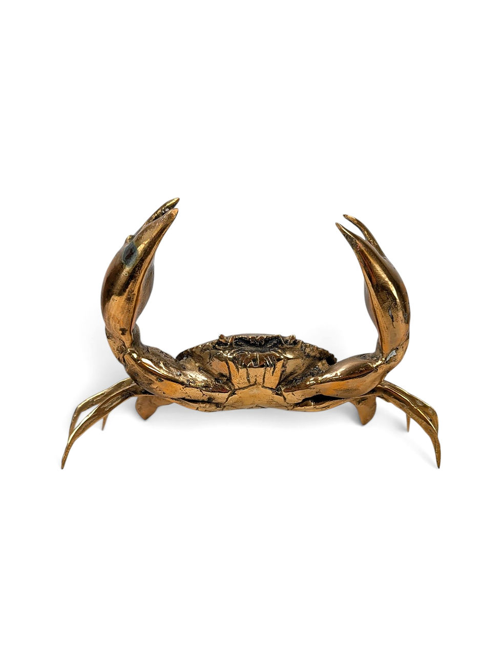 Thumbnail: Front view of a brass crab with open claw tips