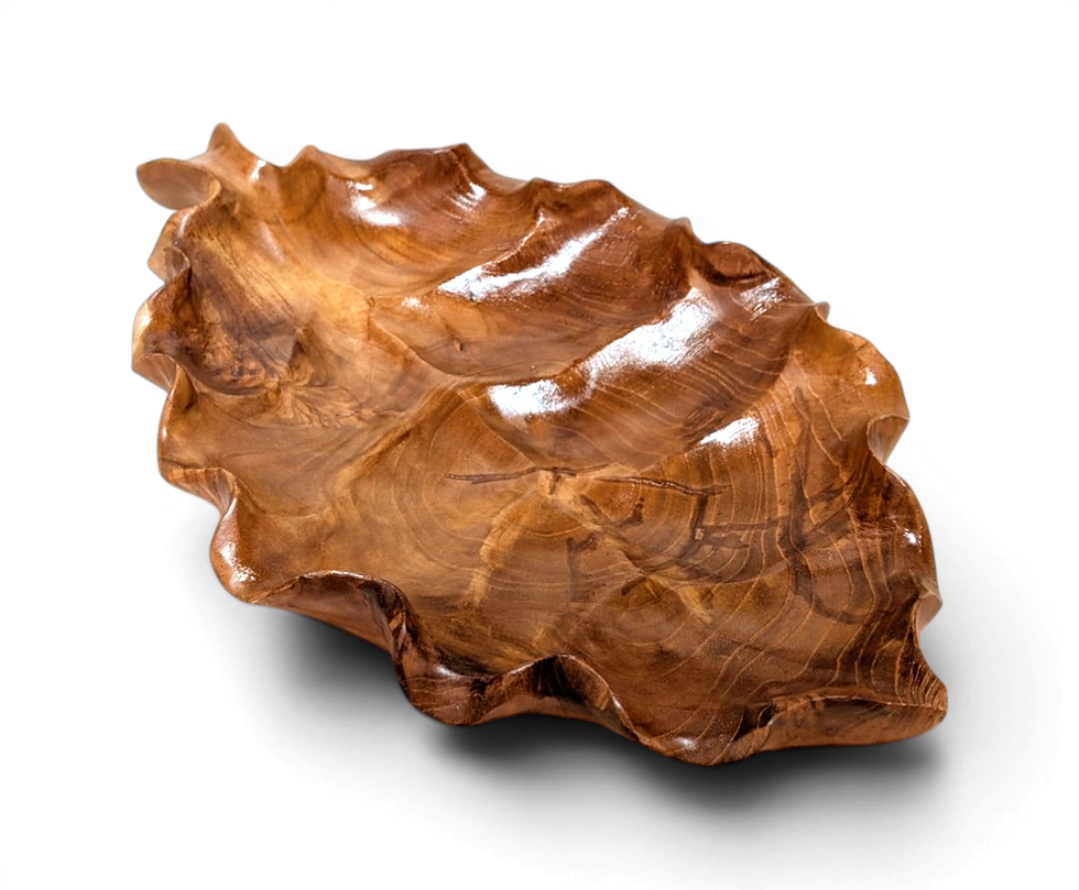 Thumbnail: Hand carved Bali teak serving platter with leaf shape and polished wood finish