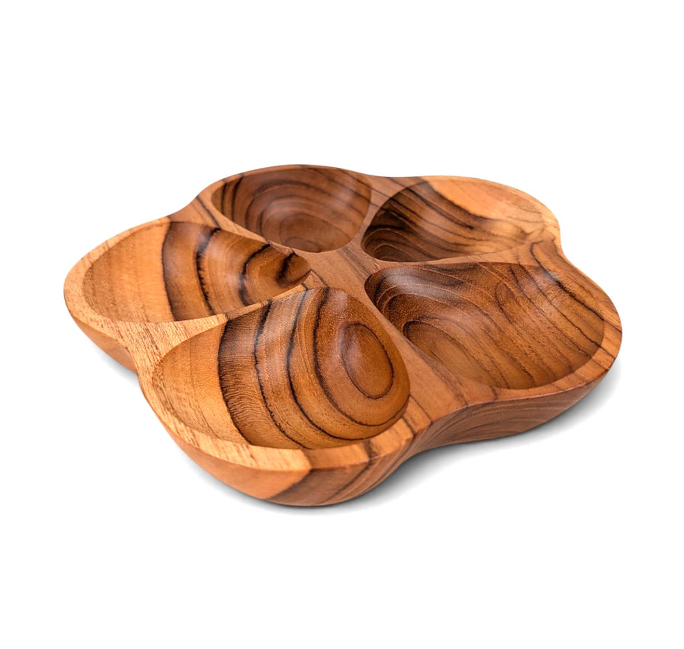 Hand-carved teakwood divided salsa bowl with five rounded wells