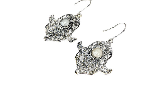Silver Filigree Earrings, Gemstone Dangle Earrings, Vintage Style Earrings,