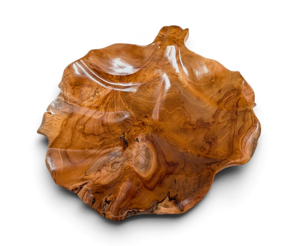 Thumbnail: Rustic hand carved teakwood leaf platter with rich grain and island style