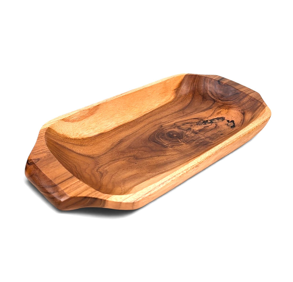 Handmade shallow teak bath caddy with integrated side handles