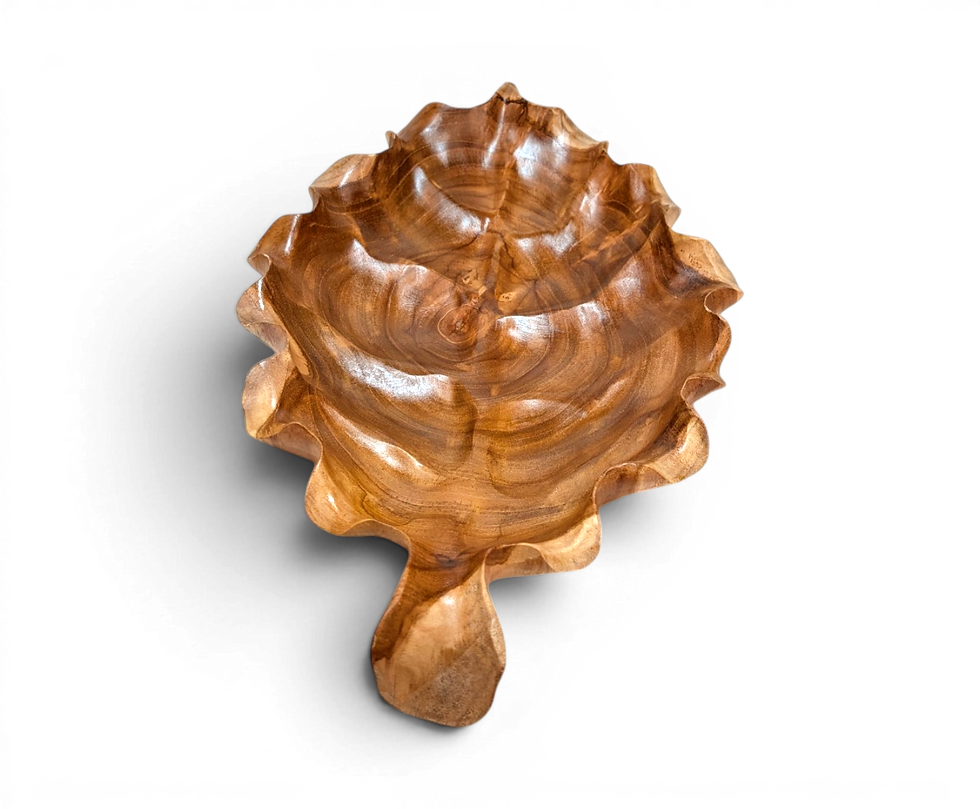 Thumbnail: Warm teak bloom leaf tray with raised carved sections and island style