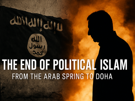 Composite image with text ‘The End of Political Islam,’ showing a cracked Islamist flag on one side and a silhouette against an explosion on the other.