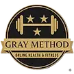 image of a company logo in black+ gold containing a barbell with three stars above it and the words "Gray method"