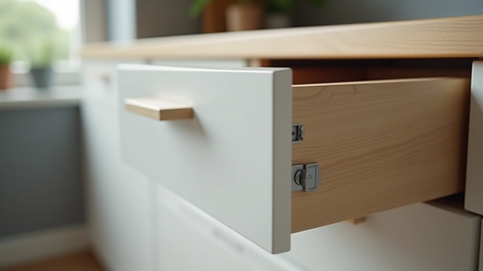 Close-up view of kitchen cabinet drawer with soft-close mechanism