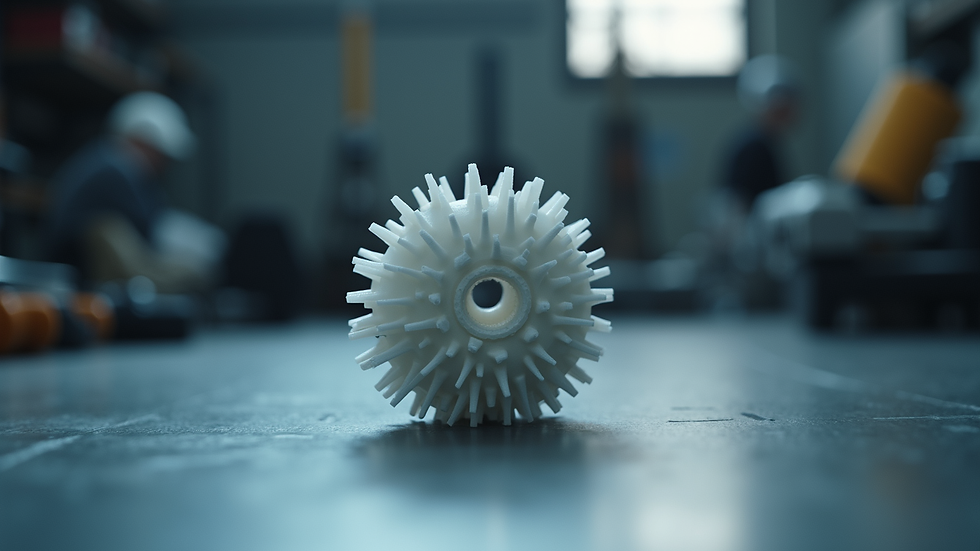 Eye-level view of a 3D printed mechanical part on a workbench