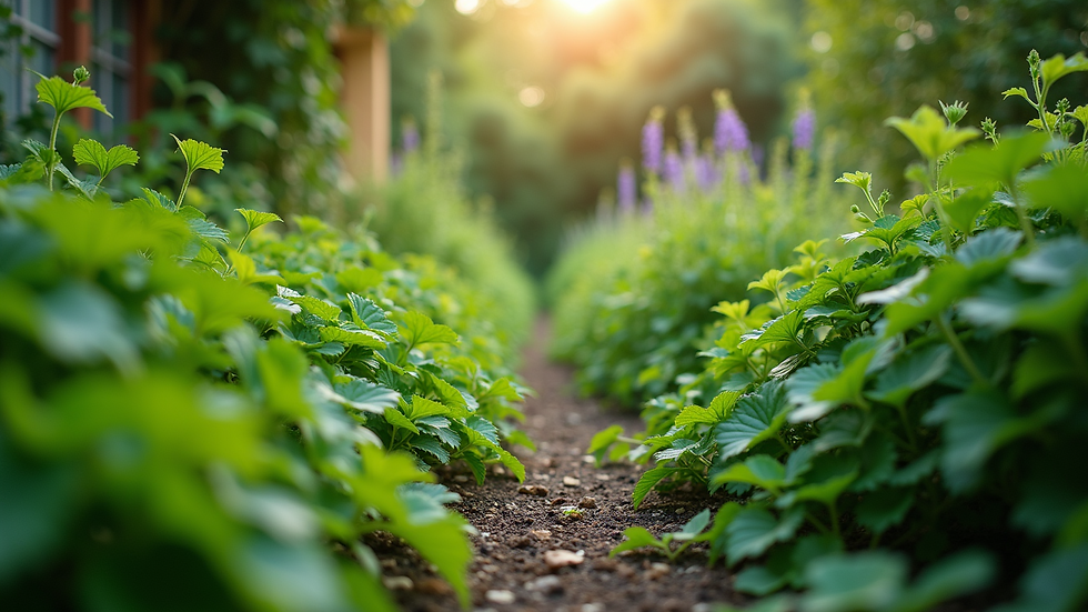 Eye-level view of a lush green garden with diverse plants