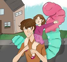 art of a guy piggyback carrying a young girl with a gummy worm behind them