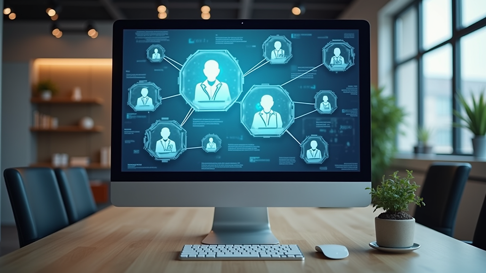 Eye-level view of a modern office workspace with digital marketing strategy on screen