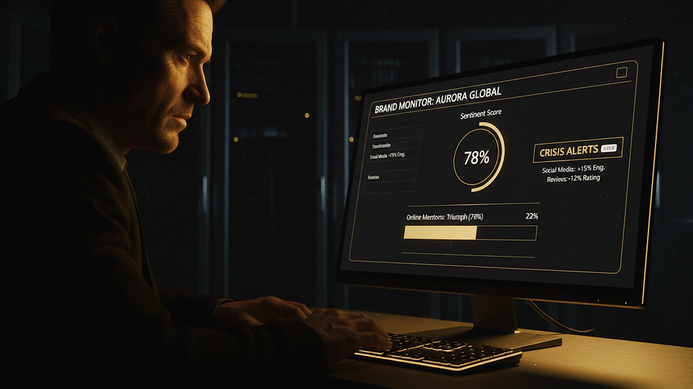 Close-up view of a computer screen showing brand reputation management dashboard