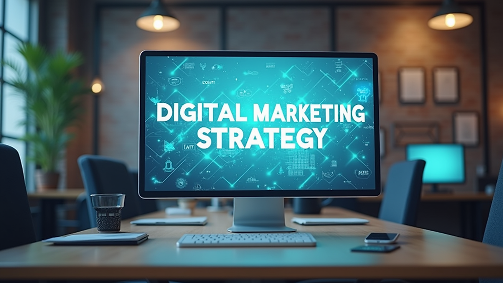 Eye-level view of a modern office workspace with digital marketing strategy on screen