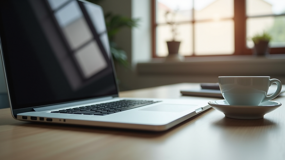 Eye-level view of a modern office workspace with a laptop and coffee cup