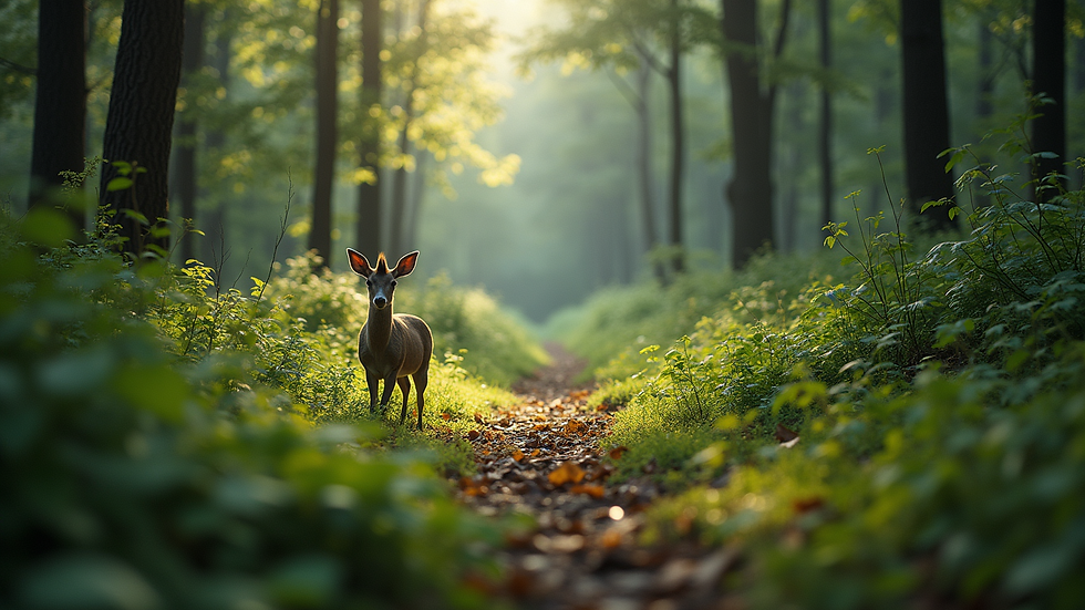 Eye-level view of a lush forest with diverse wildlife