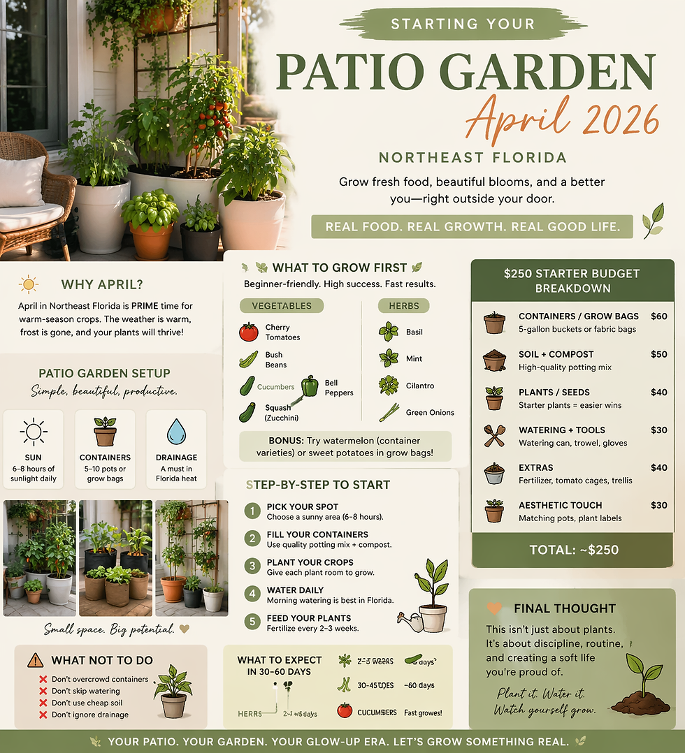 Learn how to start a patio garden in April 2026 in Northeast Florida with a beginner-friendly $250 budget. Discover what to plant, what supplies you need, and how to grow vegetables and herbs in containers.