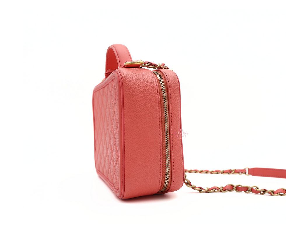 Thumbnail: Chanel Quilted Caviar Leather Medium Filigree Vanity Shoulder Bag in Coral Pink
