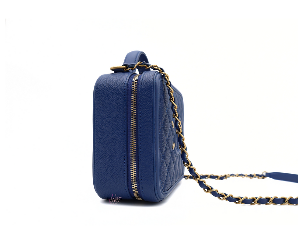 Thumbnail: Chanel Quilted Caviar Leather Medium Filigree Vanity Shoulder Bag in Blue