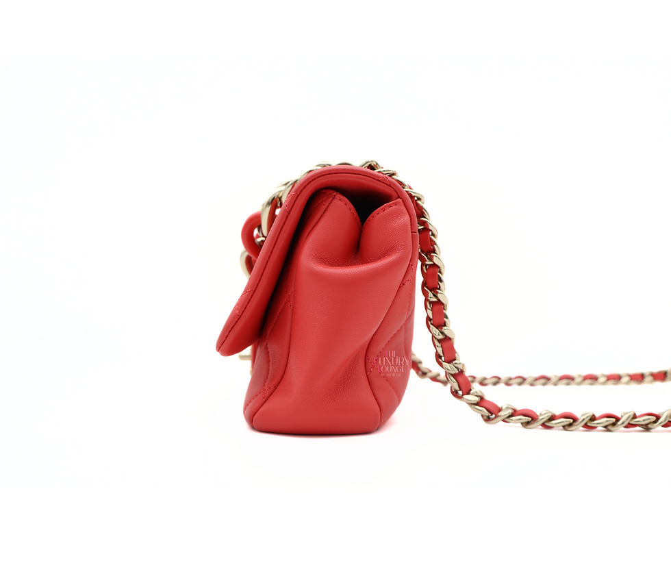 Thumbnail: Chanel Quilted Lambskin Two-Way Bi-color Resin Mini Chain Flap Bag in Red Orange