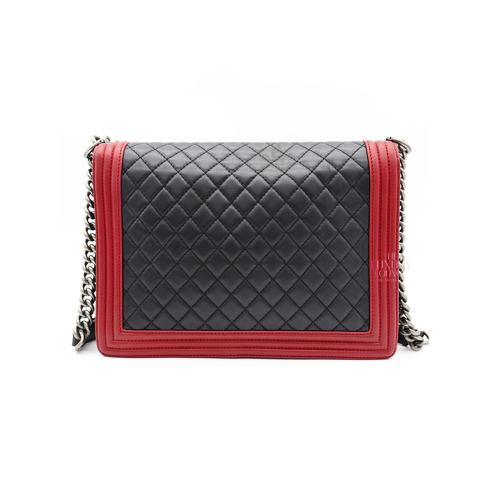 Thumbnail: Chanel Le Boy Flap Large Quilted Leather in Red Black RSHW