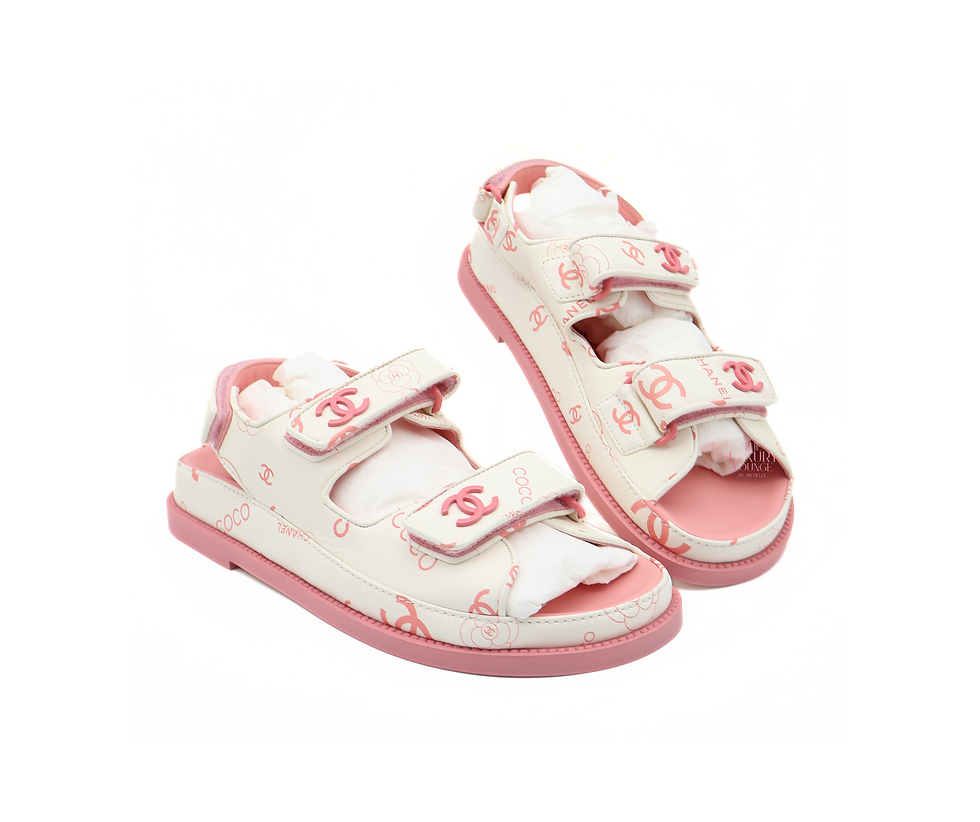 Thumbnail: Chanel Printed Leather CC Dad Velcro Flat Sandals in White and Pink