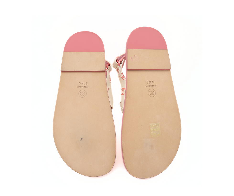 Thumbnail: Chanel Printed Leather CC Dad Velcro Flat Sandals in White and Pink