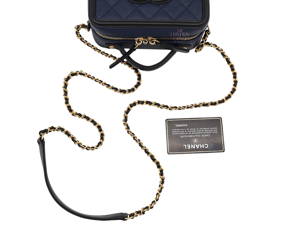 Thumbnail: Chanel Navy Blue and Black Quilted Caviar Leather Small CC Filigree AGHW