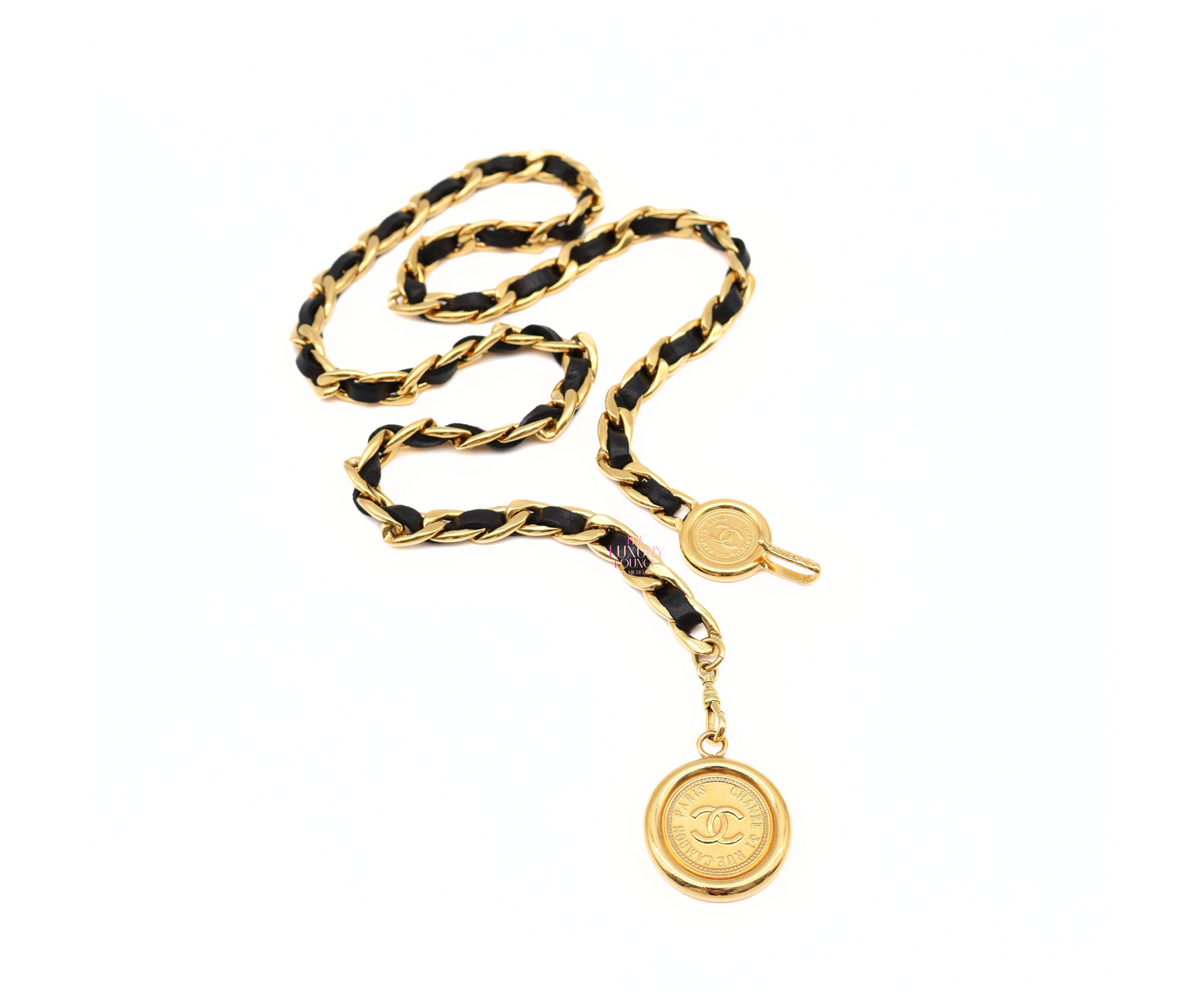 Chanel Braided Chain Belt Coco Mark Vintage Medal Coin in Black GHW