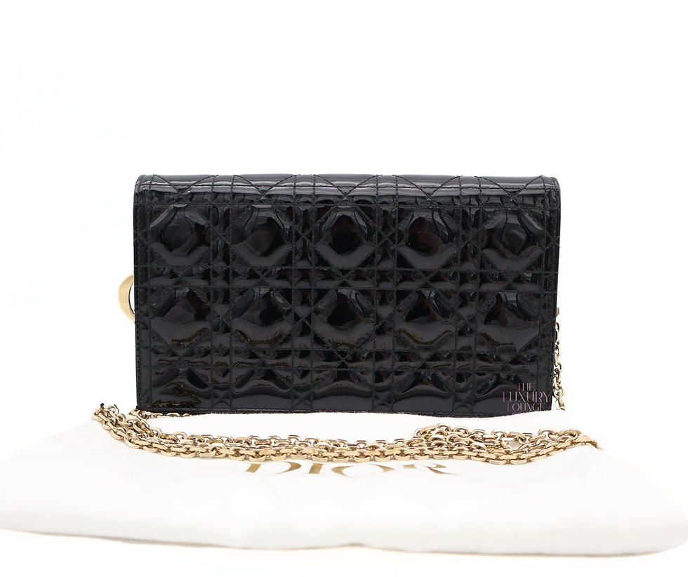 Thumbnail: Dior Lady Dior Wallet on Chain Patent Leather Shoulder Bag in Black