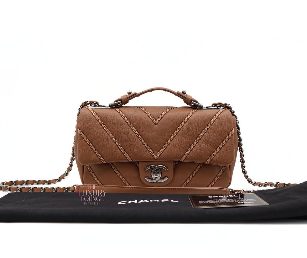 Thumbnail: Chanel Stitched Chevron Calfskin Leather Classic Top Handle Bag in Brown RSHW