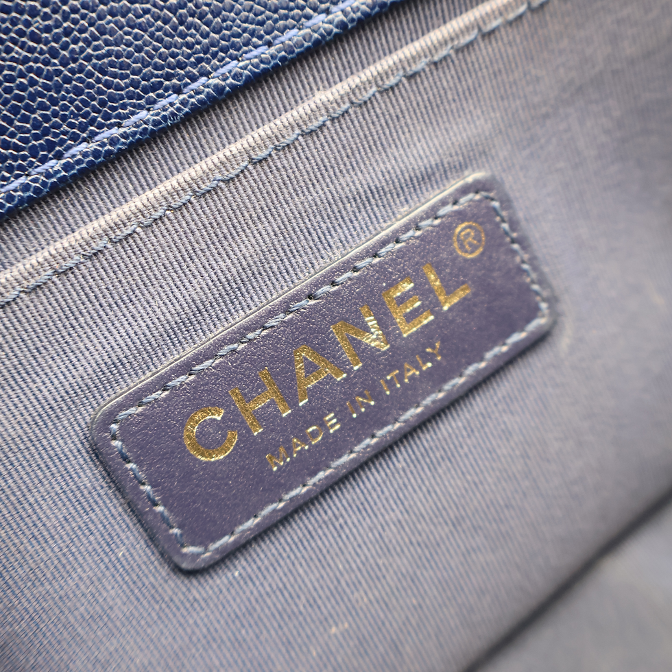 Thumbnail: Chanel Le Boy Chevron Quilted Caviar Small in Navy Blue AGHW