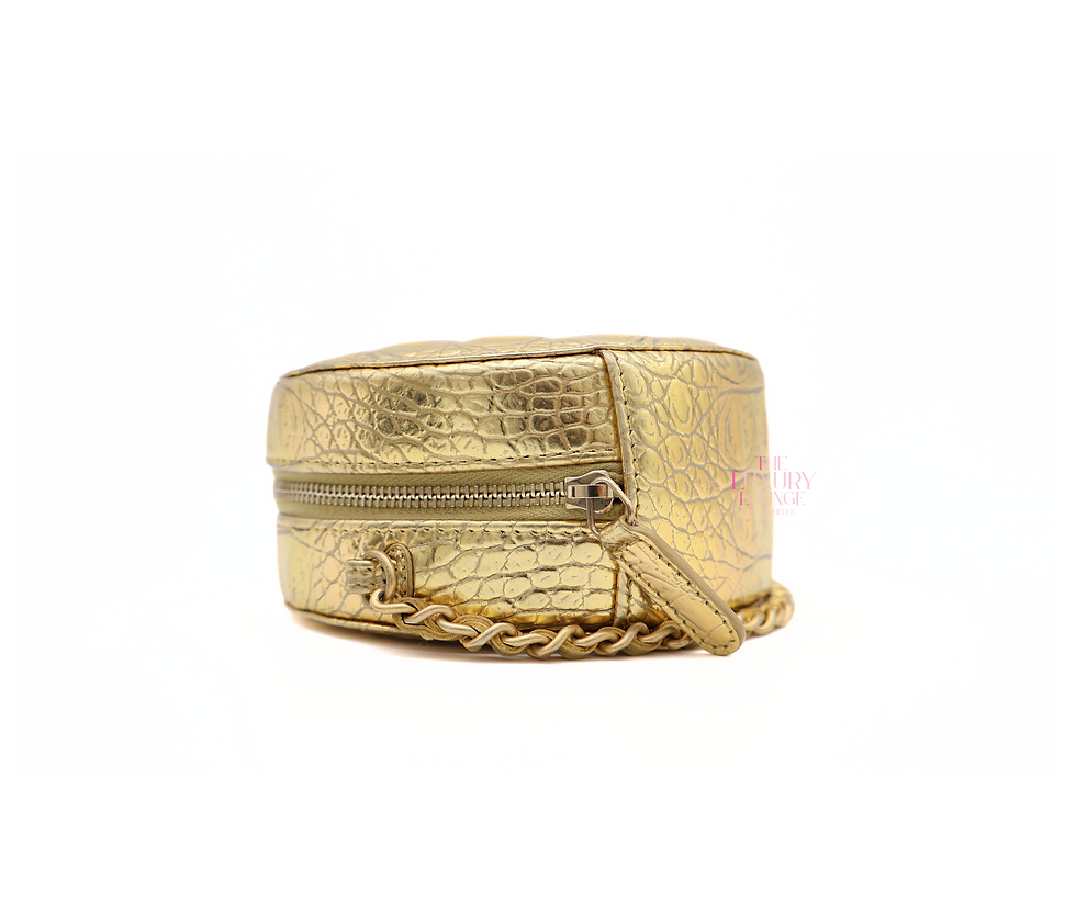 Thumbnail: Chanel Round Shoulder Bag Braided Chain Croc Embossed in Gold AGHW
