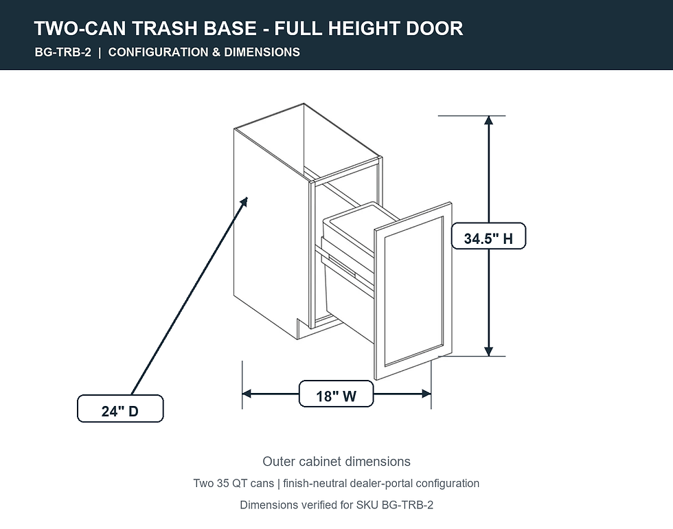 BG-TRB-2 two-can trash base configuration and dimensions: 18 inches wide by 34.5 inches high by 24 inches deep