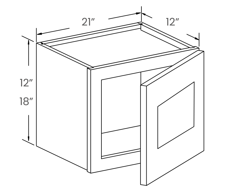 Catalog illustration — W2118; Single-door short wall cabinet family; 21W x 18H x 12D; family schematic, finish reference shown separately.