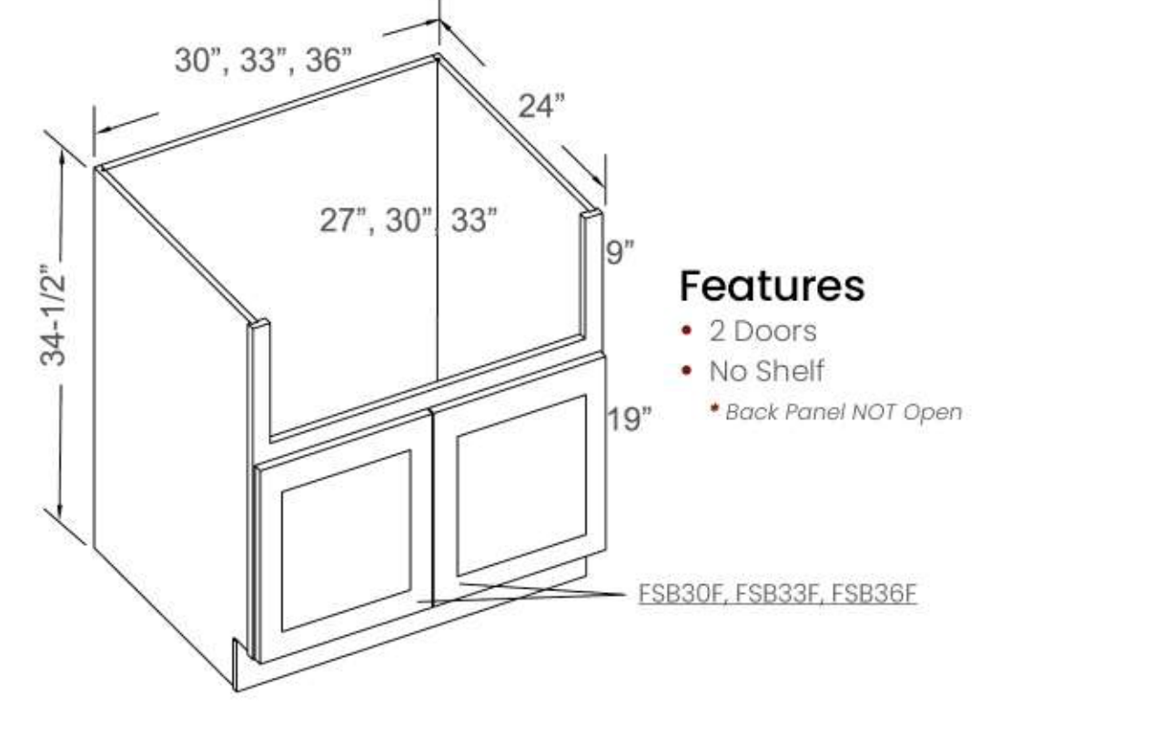 Catalog illustration — FSB33; Farm sink base family; 33W x 34-1/2H x 24D; family schematic, finish reference shown separately.
