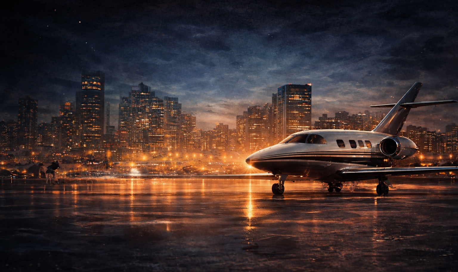 Artistic picture of the tarmac at the Provo Airport at night with a private jet getting prepped, and city lights in the back.