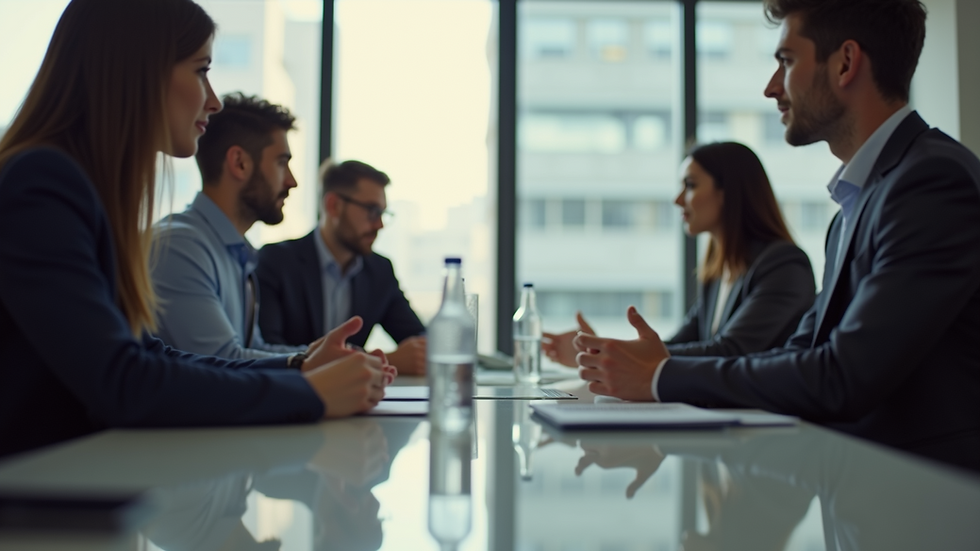 Close-up view of a meeting room with people discussing around a table