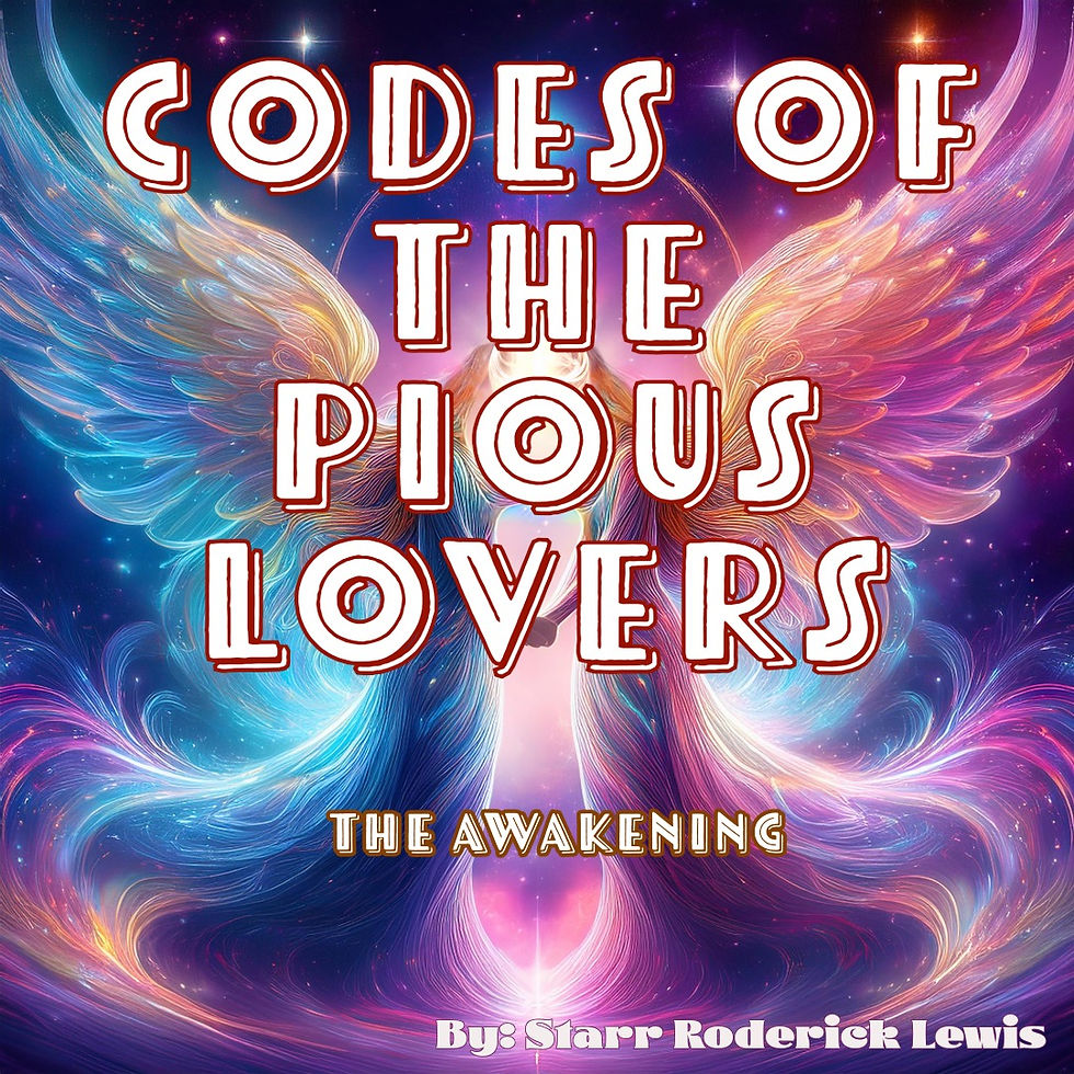 Codes of the Pious Lovers: The Awakening” book cover featuring ethereal angelic figures with vibrant cosmic wings, divine