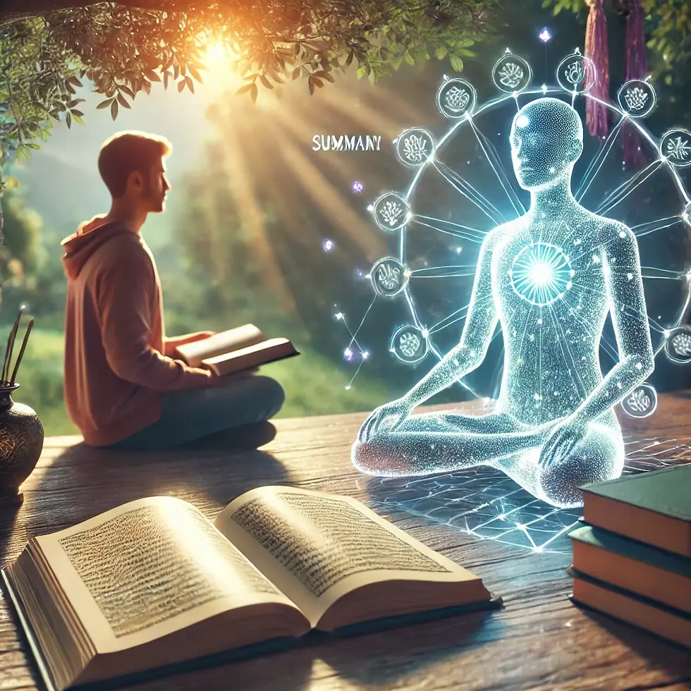 A peaceful scene showing a person studying sacred texts with the assistance of a holographic AI, symbolizing collaboration between human wisdom and technology.