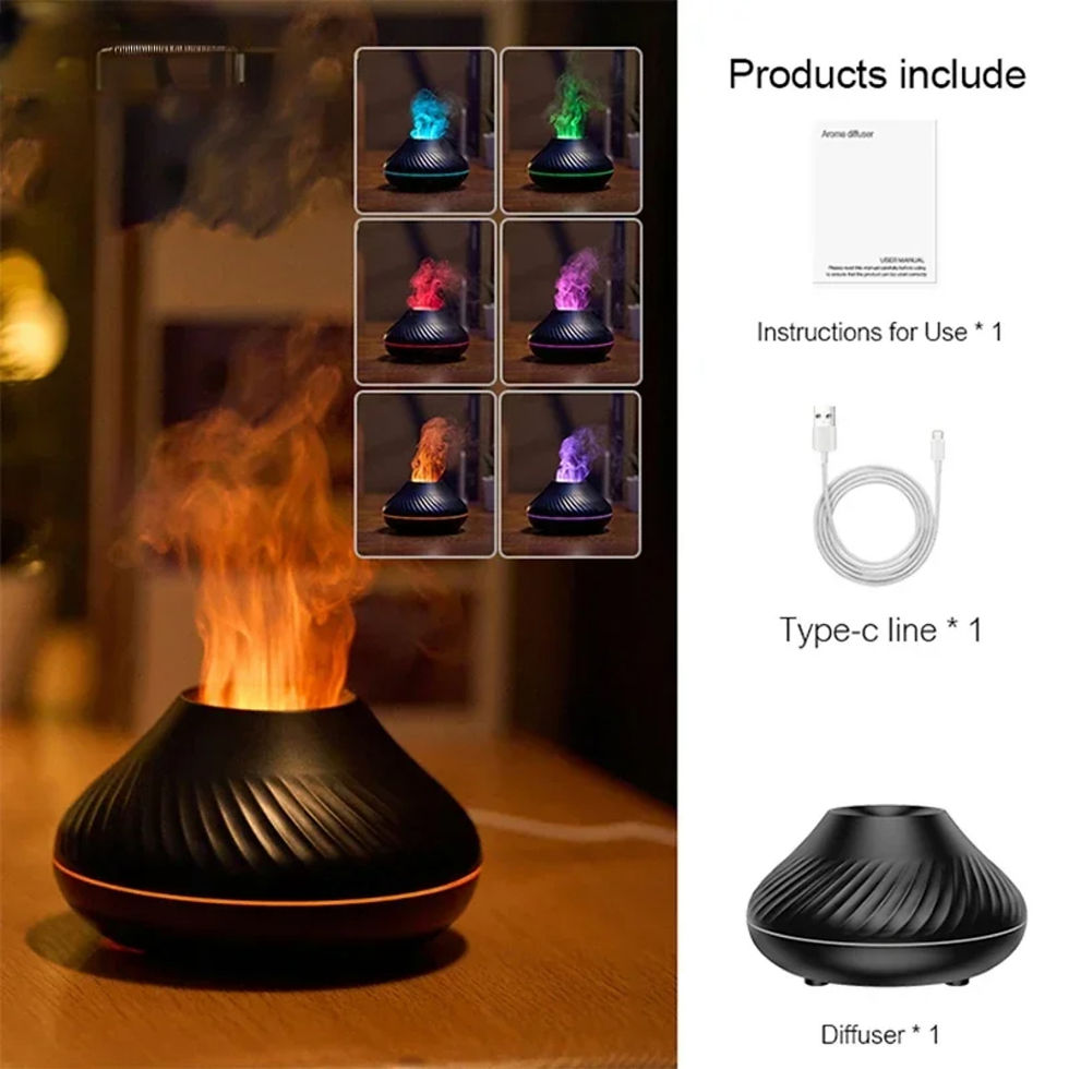 Thumbnail: Essential oil diffuser displaying multiple LED flame colors, stepless dimming, and misting functions