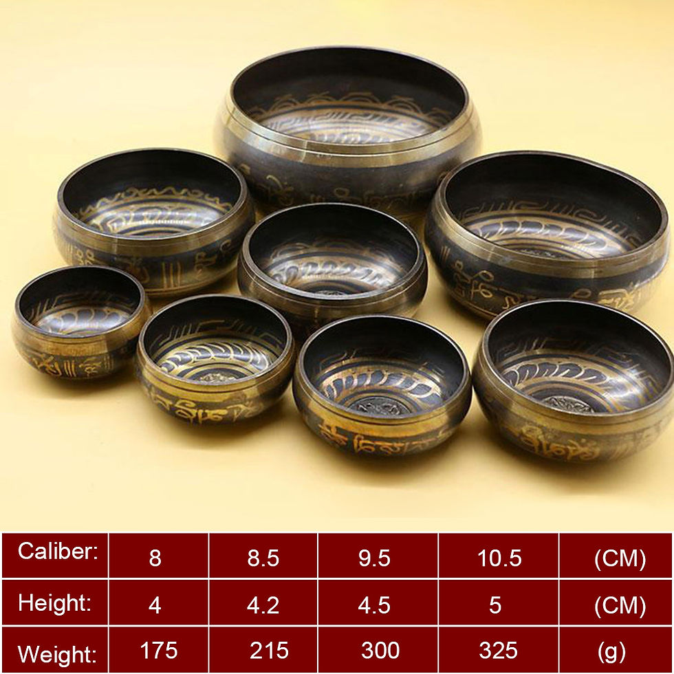 Thumbnail: Set of Tibetan Singing Bowls in various sizes, stacked together, with a size chart displaying measurements for different bowl