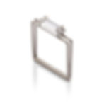 A square silver ring with a clear gemstone. The ring is made of two square metal shapes that are joined at the bottom but slightly open at the top with a clear gemstone resting vertically across the top. The gemstone setting is designed to appear as a clasp on the ring. The ring is pictured with a white background.