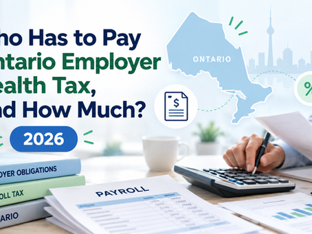 Ontario map, payroll report and calculator on a desk - who has to pay Ontario Employer Health Tax in 2026
