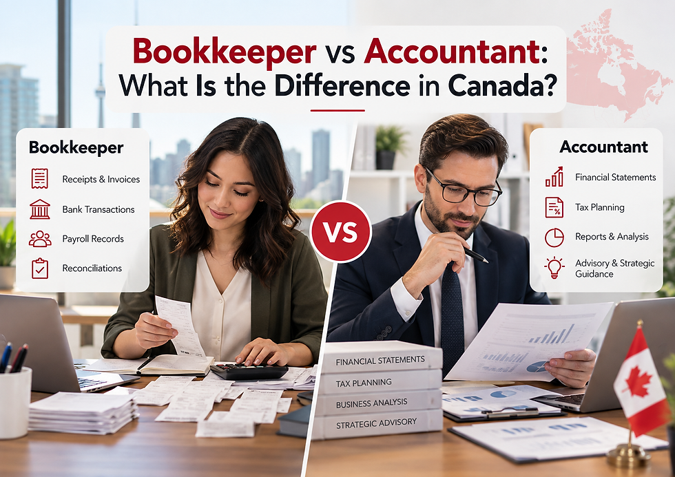 Bookkeeper vs accountant in Canada: bookkeeper with receipts and payroll, accountant with financial statements