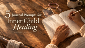 Woman journaling beside a childhood photograph for five inner child healing prompts focused on understanding childhood needs and beliefs.