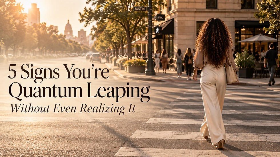Woman looking through an everyday closet as an old identity begins to feel unfamiliar, representing a sign of quantum leaping.