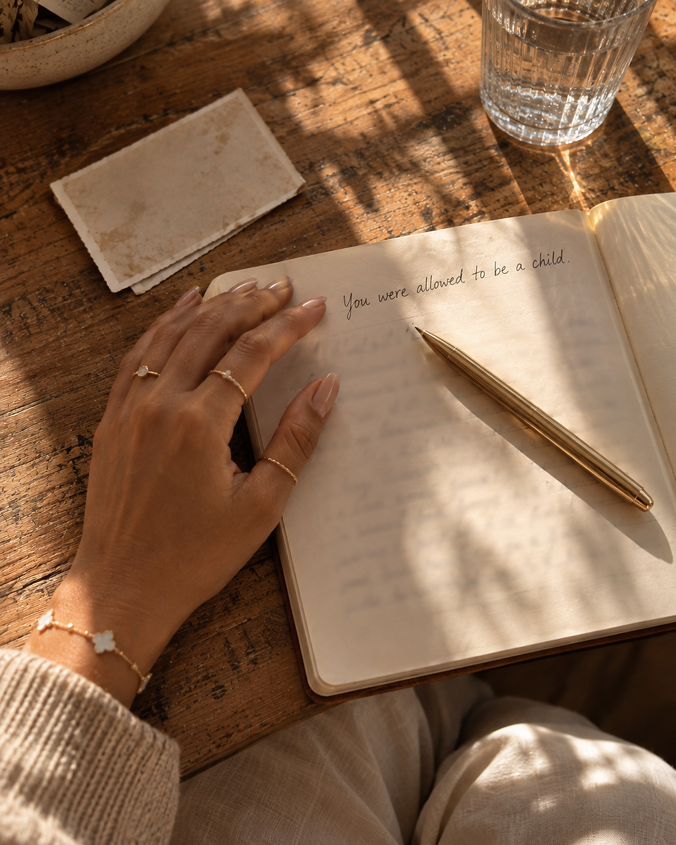 Woman writing “You were allowed to be a child” while working through an inner child healing journal prompt.