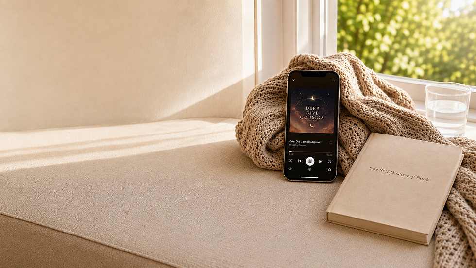 Cozy beige window nook with a phone playing Deep Dive Cosmos Subliminal, a knit blanket, glass of water, and The Self Discovery Book.